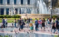 BARÃÂ¡ELONA, SPAIN - MAY 31, 2019: People in the square at the fountain